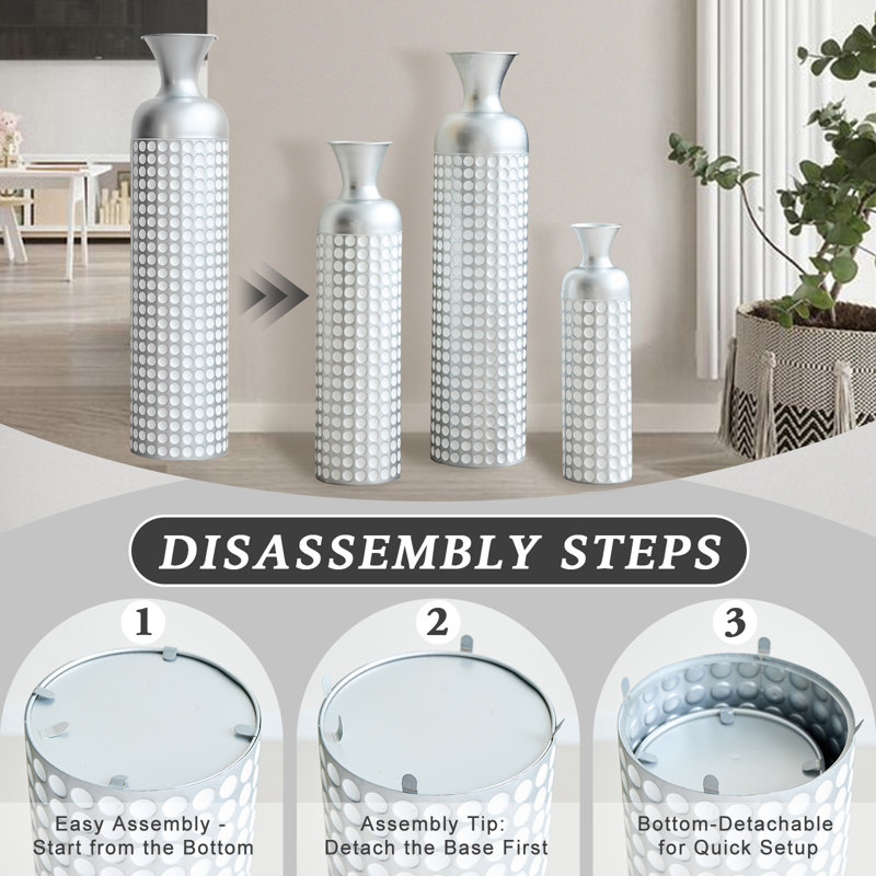 Ensemble de 3 vases en fer argenté rétro avec texture en relief pour le décor du salon