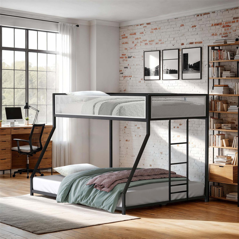 Lit superposé simple au-dessus de double en métal de style contemporain avec échelle attachée, prêt pour les matelas et fini noir, fabrication entièrement en métal pour plus de durabilité