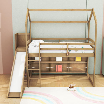 Twin Size Wood House Loft Bed With Slide And Storage