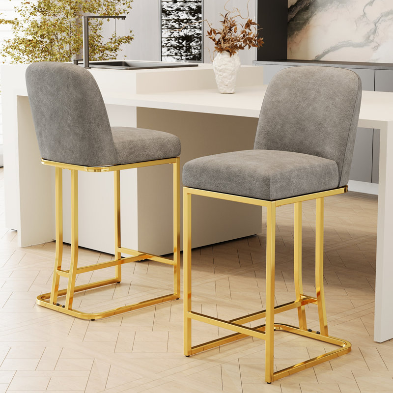 360° Swivel Bar Chairs (2), Grey+gold Classy Adornment, Comfortable Seating, Frame, For Bars, Restaurants, Kitchen Counters, Offices, Space Efficient Arrangement Elegant Outlook, Metal Legs,