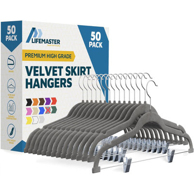  Velvet Skirt Hangers – With Adjustable Clips, 360 Degree Swivel Hook, and Non-Slip Shoulder Notch, Holds Up To 10 lbs, For Organizing Skirt, Pants, Dress, and Clothes, Pack of 50, Gray