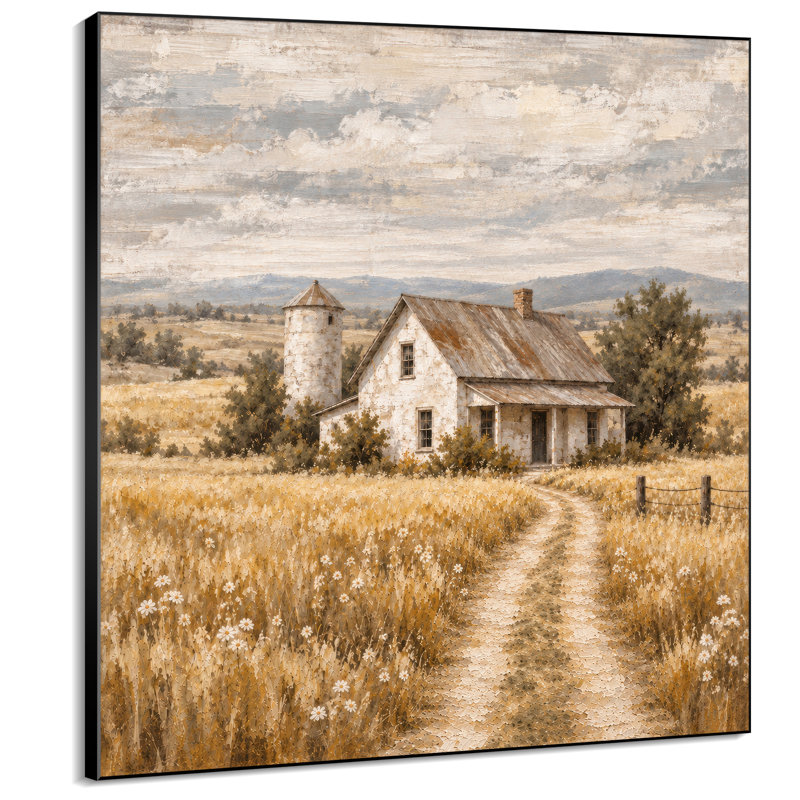 Extra Large Wall Art Fabric Print - Country Farmhouse with Silo and Golden Wildflower Field for Living Room or Bedroom - "Frame Assembly Required (Unfinished Frame)"