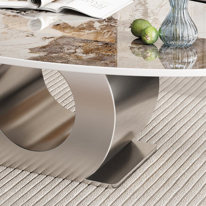 Table basse ovale de luxe de 49 po avec plateau en pierre frittée, centre de table moderne en faux marbre avec conception de joints toriques pour le salon