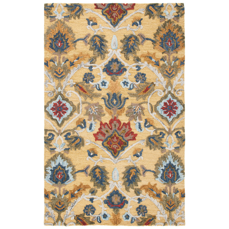 Tapis floral en laine touffeté à la main Haimes, Rectangle 6 pi x 9 pi, Gold/Navy