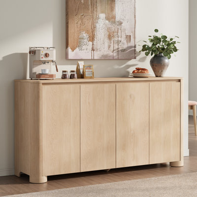 Buffet Cabinet With Storage, 59" Modern Sideboard Buffet Cabinet With 4 Door, Unique Thickened Foot, Rounded Corner Design, Coffee Bar Cabinet For Kitchen Living Room, Hallway, Natural Oak