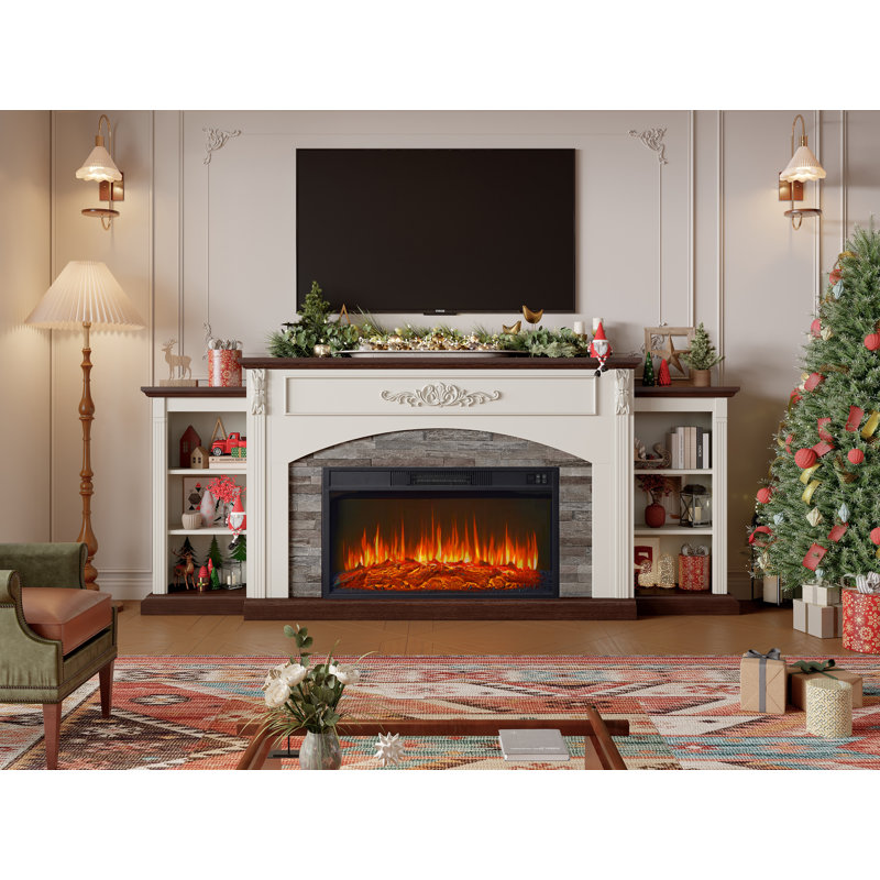 78" Electric Fireplace With Mantel, Tv Stand For Tvs Up To 90 Inch, Farmhouse Entertainment Center With Storage,30'' Fireplace Insert Heater For Living Room
