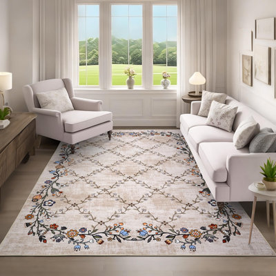 Tapis d'intérieur beige à motifs botaniques, lavable, 150 x 210 cm, idéal pour le salon, la chambre ou la salle à manger. Doux et moelleux, en velours perle à poils courts, pliable, avec envers antidérapant en TPR, résistant aux taches et facile d'entretien.