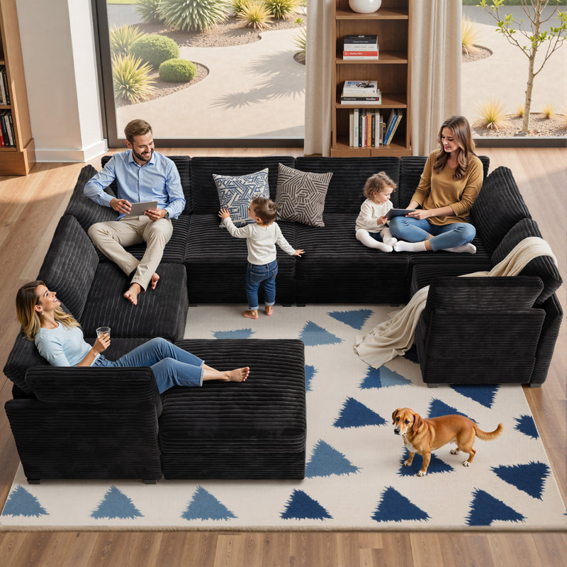 Hogle Modular U-shaped Sectional Plush Corduroy Sofa With Movable Ottoman, Black Corduroy