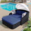 Lit de bronzage d'extérieur 79,9 po avec auvent réglable, lit double, lit de repos en rotin Pe, osier noir et coussin bleu