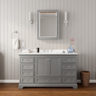 Meuble-lavabo simple 60 po Deborah en gris foncé, comptoir en marbre de culture blanc, lavabo carré encastré (3 trous), garniture en chrome poli, armoire à pharmacie