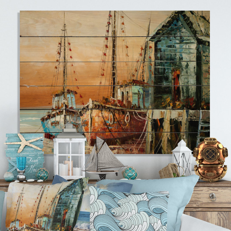 Deux bateaux de pêche dans le port à l'aube - Décoration murale en bois nautique et côtier - Bois de pin naturel