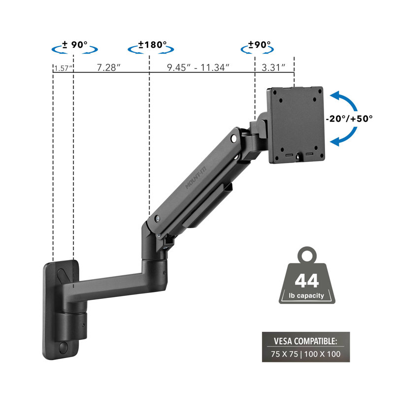 Heavy-Duty Monitor Wall Mount with Gas Spring Arm for Monitors from 17" to 49" Ultrawide