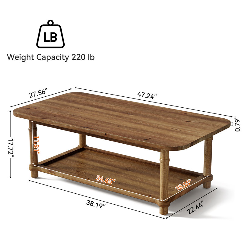 Table basse de 47 po en bois massif, centre de ferme moderne avec rangement à 2 niveaux, Noyer