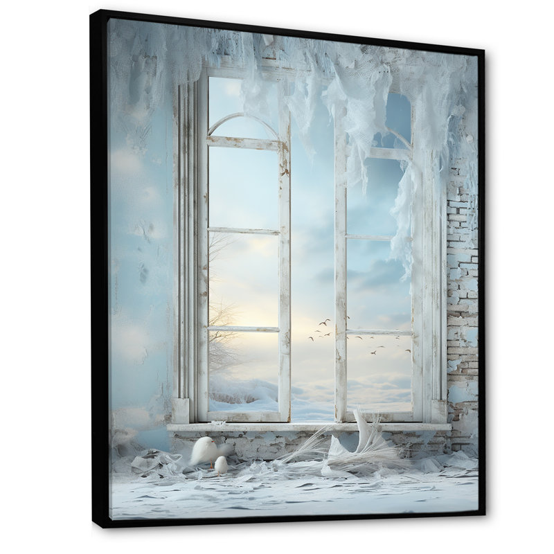 «Winter Window Frozen Glass I», art mural paysage d'hiver, H 32 po x l 16 po x P 1 po, Cadre flottant noir