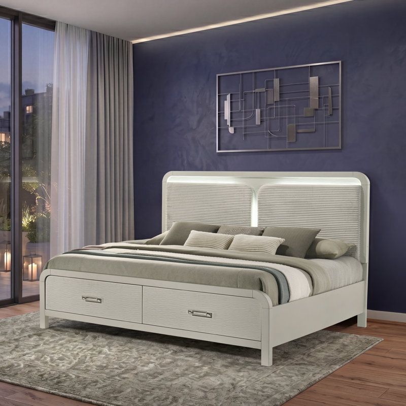 Lit plateforme tapissier avec tête de lit capitonnée et tiroirs de rangement intégrés Velora, Grand