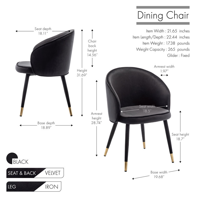 Mablethorpe Velvet Upholstered Dining Chair with Gold Trim, Black