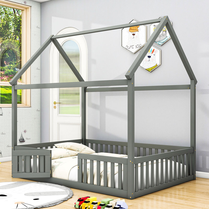 Lit de maison en bois Artha avec toit, clôture et porte, Double, Gris