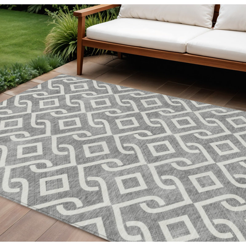 Tapis intérieur / extérieur géométrique lavable gris et ivoire 8 pi x 10 pi