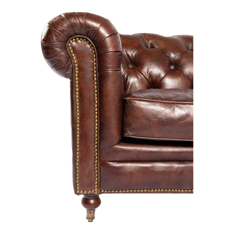 Sofa, Seats 3, Grazed Top Grain Leather, Brown, 87" W, Brown