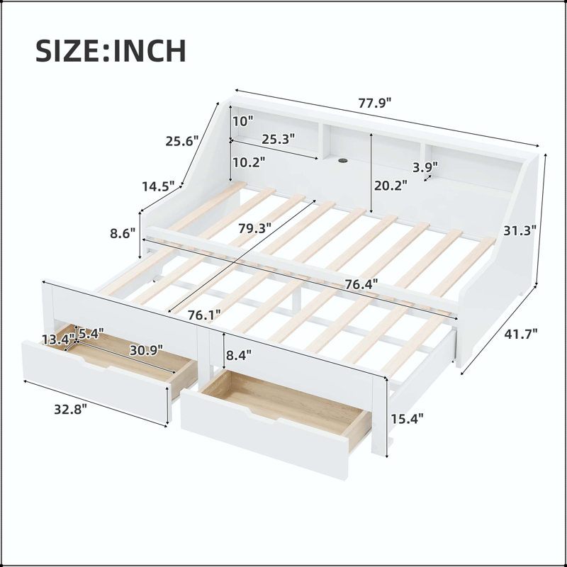 Structure de lit de jour simple à très grand avec rangement et charge, Blanc