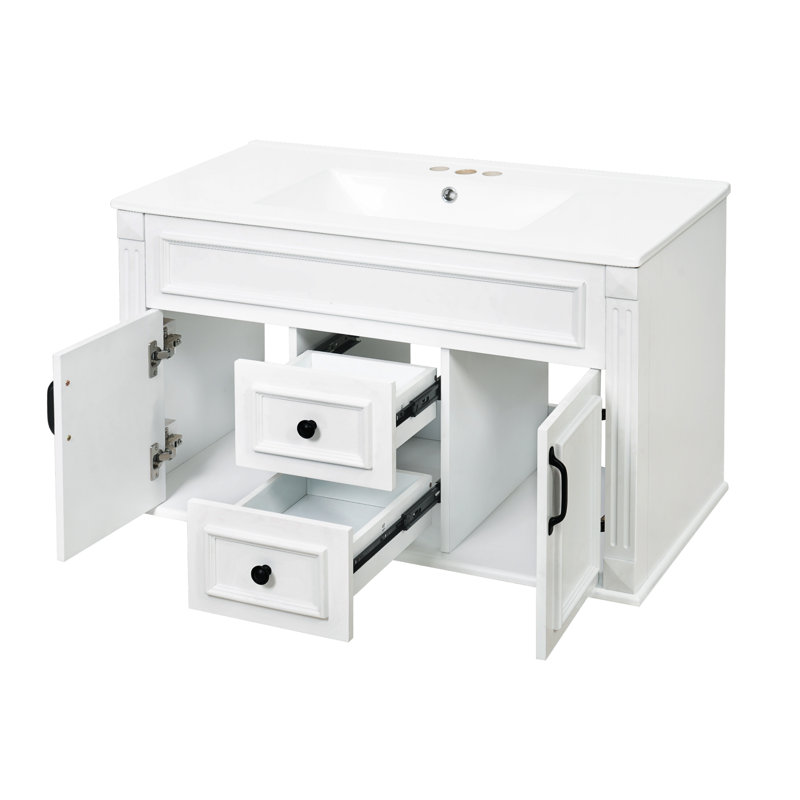 Meuble-lavabo mural blanc 36 po avec lavabo en céramique, 2 portes et 2 tiroirs, White