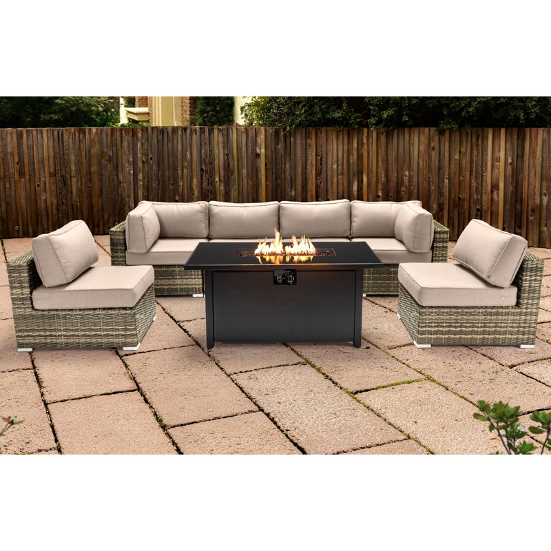 Ensemble de conversation modulaire 7 pièces avec coussins Sunbrella et foyer rectangulaire en métal Lsi, Beige Sunbrella