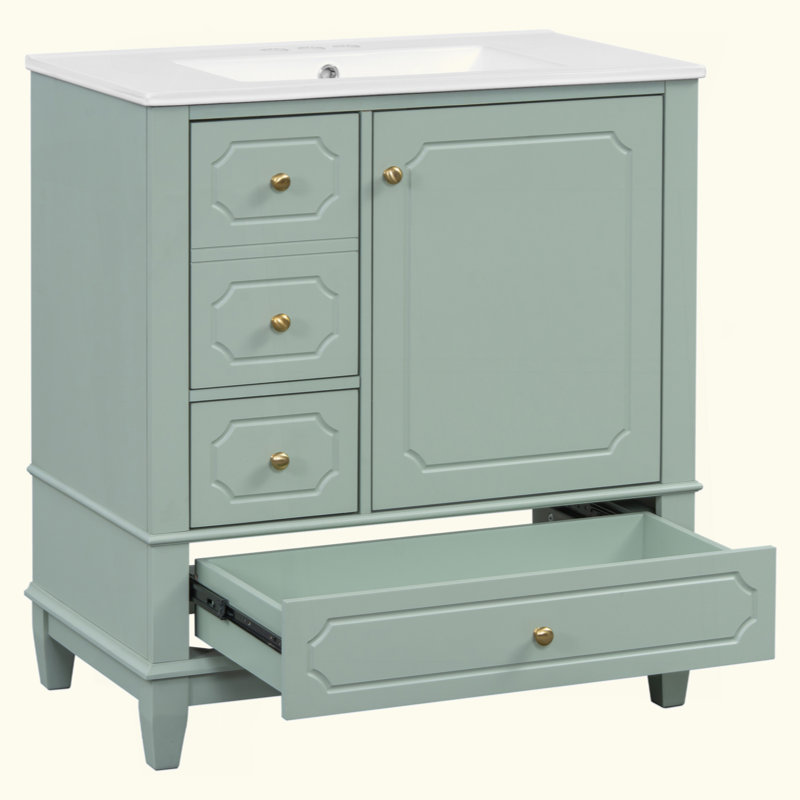 Meuble-lavabo de 30 po avec lavabo, meuble-lavabo autoportant avec lavabo en céramique, structure en bois massif, porte à fermeture en douceur, 3 tiroirs, panneau de fibres à densité moyenne peint et bois d'hévéa, tablettes de rangement incluses