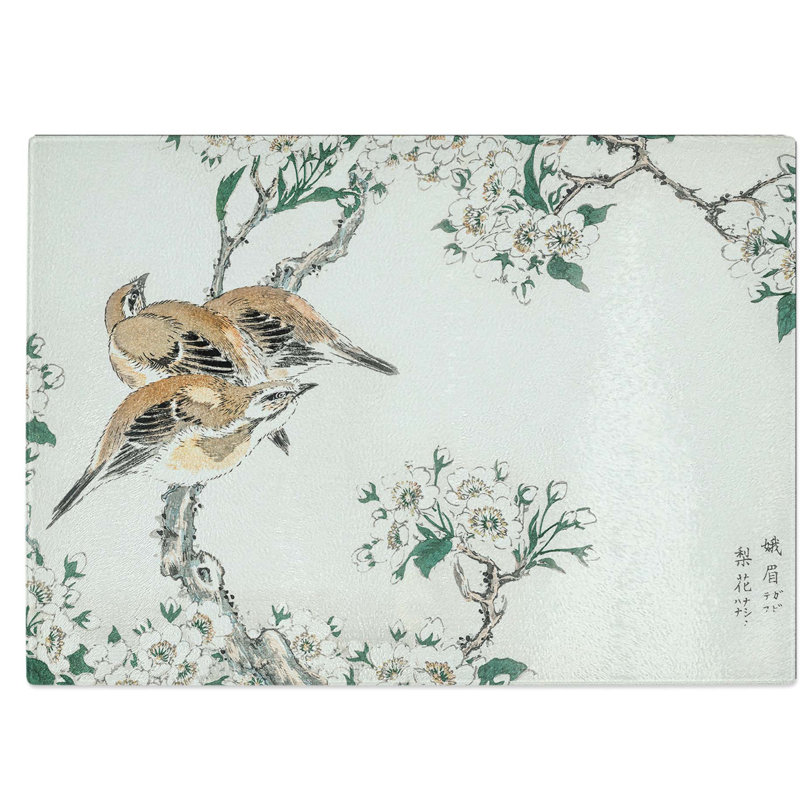 Glass Meadow Bunting Birds & Pear Flowers by Numata Kashu Chopping Board, 39 cm W x 28.5 cm L