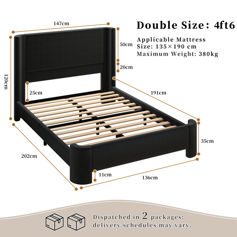 Upholstered Bed, Double(4'6), Yarn-Dyed Linen, Black