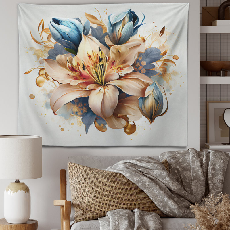 Polyester or et bleu Lily Bouquet II tapisserie, H 32 po x l 39 po