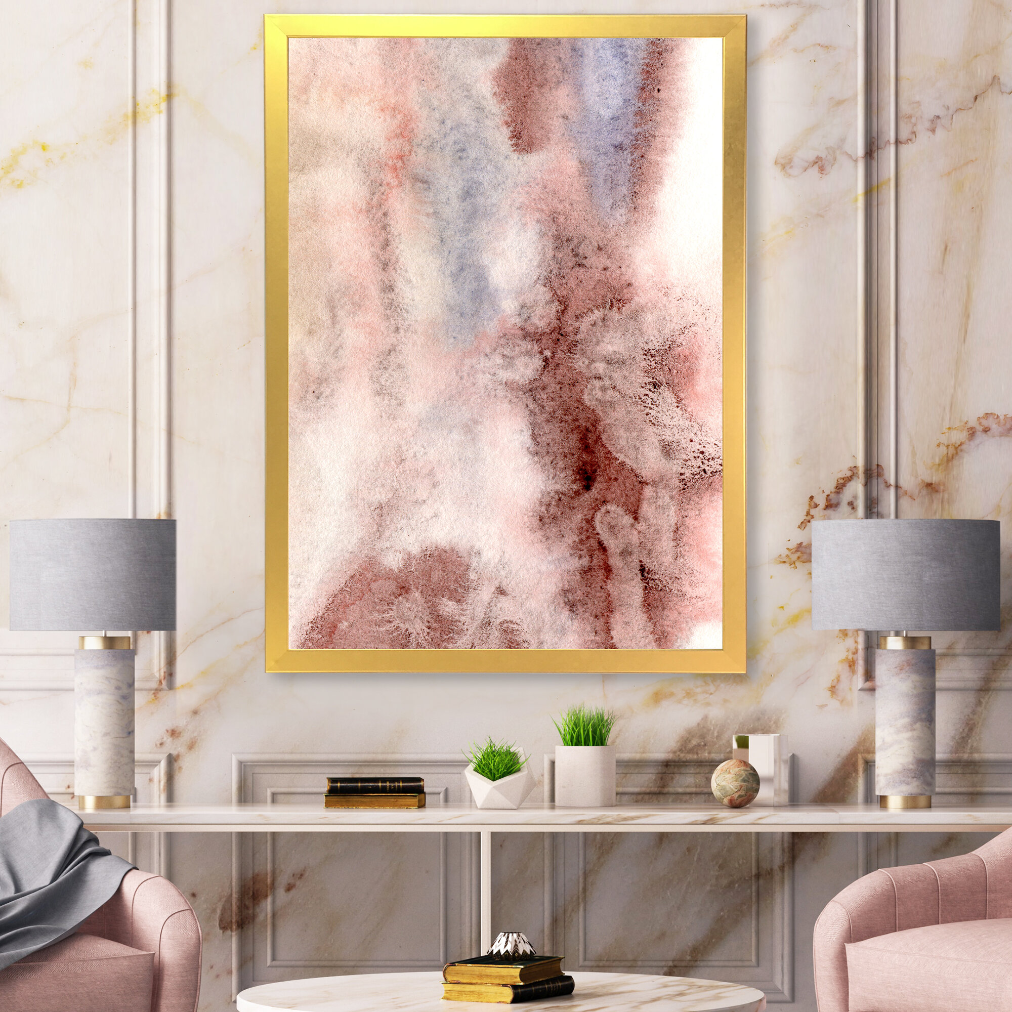 Pastel Abstract with Blue Pink and Dark Red Spots - Picture Frame Painting on Canvas East Urban Home Format: Gold Framed Canvas, Size: 32 H x 24 W x