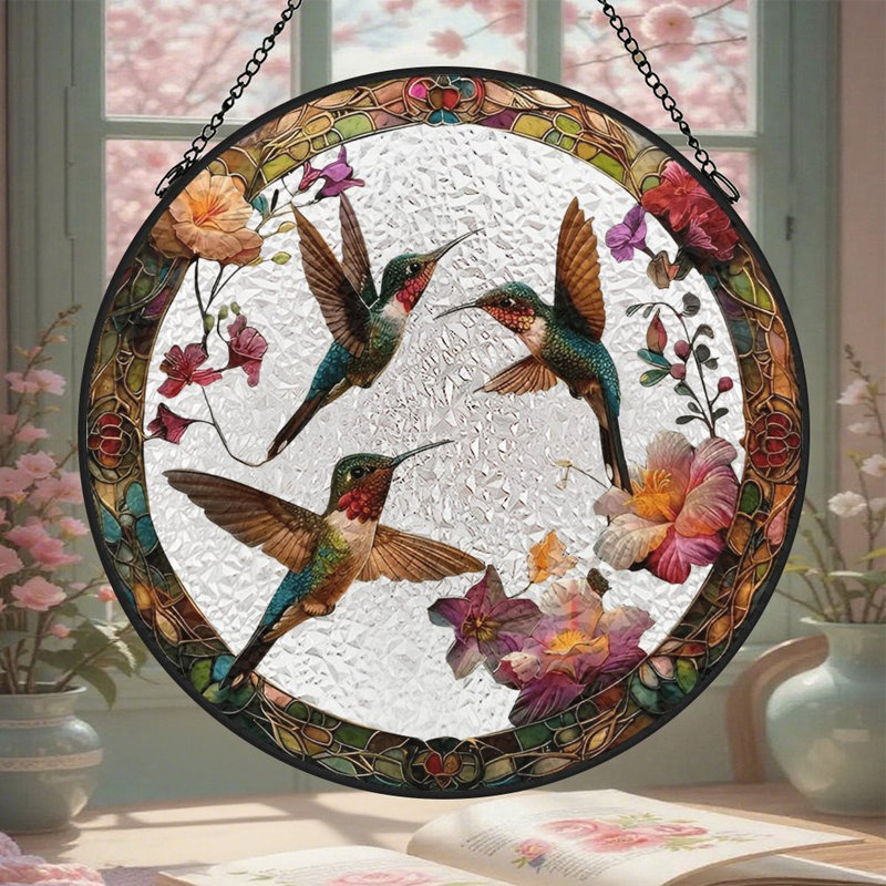 Colibris dans un cadre en vitrail, panneaux de vitrail Suncatcher pour décor de fenêtre, 7,8 x 7,8 po (20 x 20 cm)