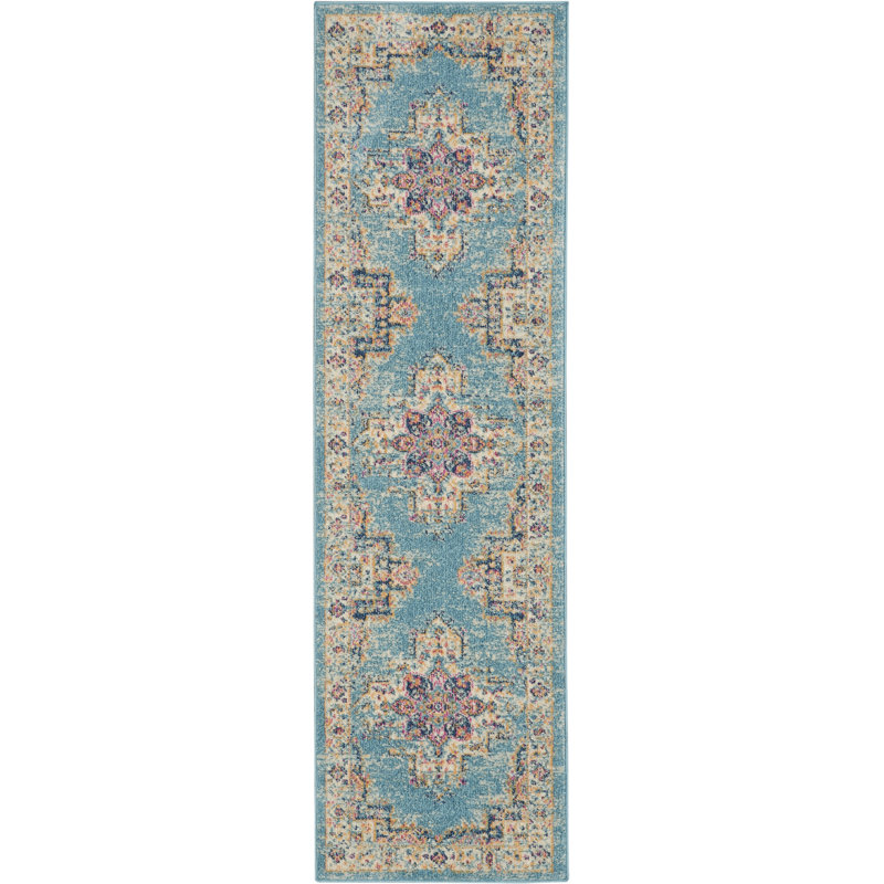 Tapis bleu traditionnel Augusta, Tapis de couloir 2 pi 2 po x 7 pi 6 po