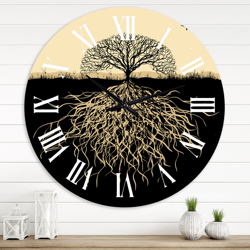 Silhouette d'arbre avec racines - horloge murale traditionnelle, Surdimensionné