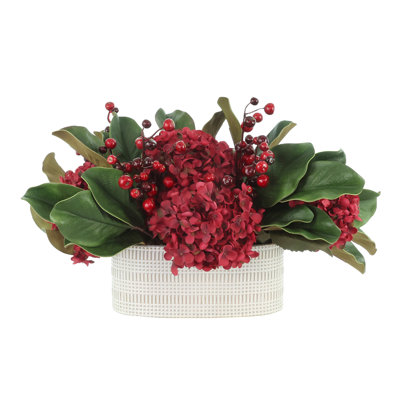 Holiday Hydrangea and Berry Arrangement in Ceramic Planter