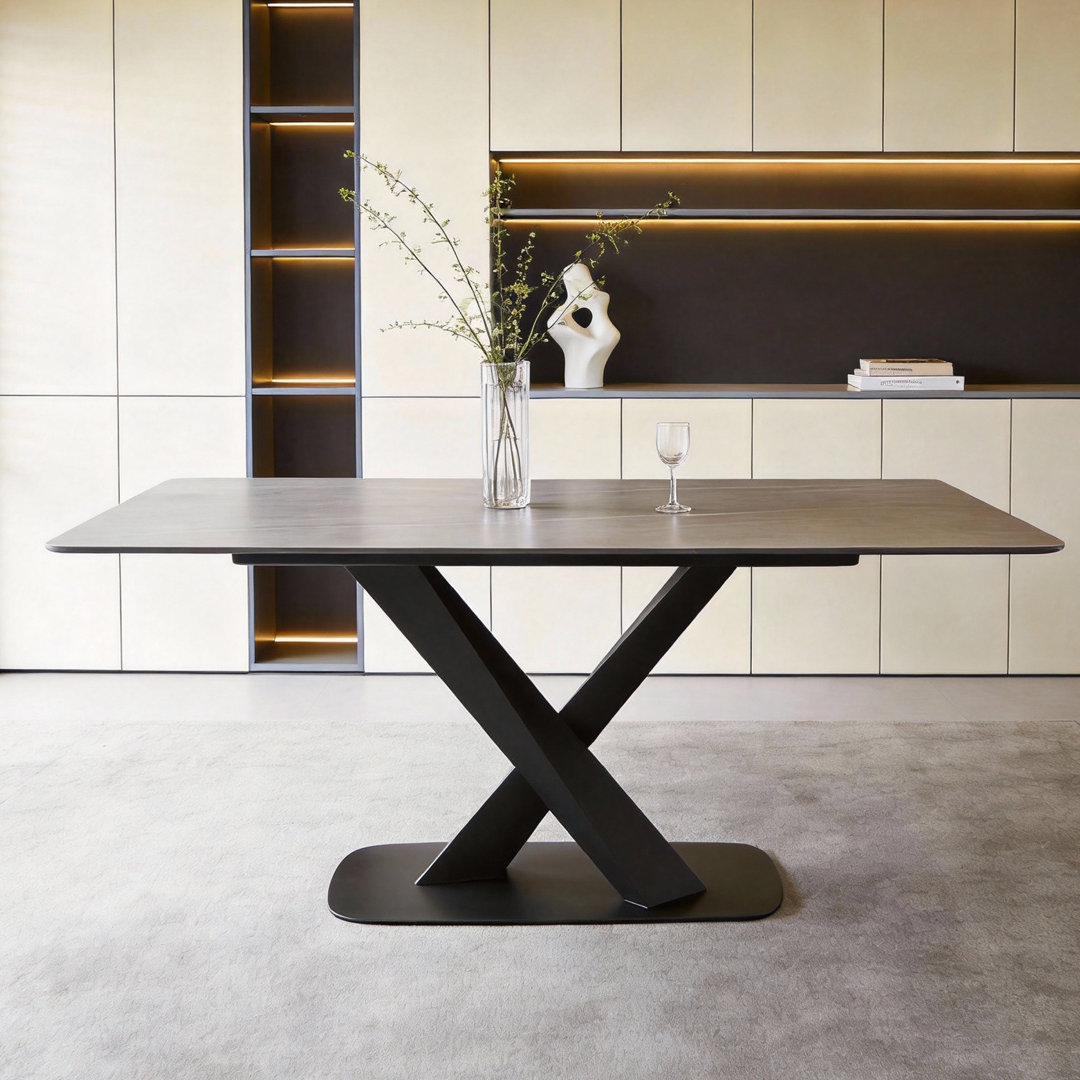 Rectangular Grey Sintered Stone Table, Black Carbon Steel X-Frame Legs, Contemporary Style Fast Dispatch From UK Warehouse – Dispatched Within 2 Days