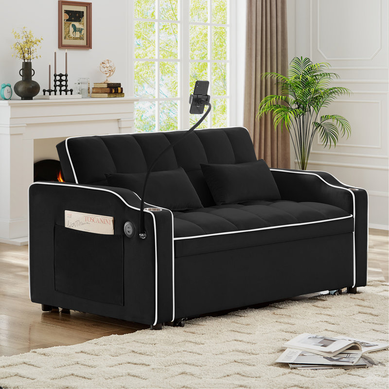 Versatile Foldable Double Seat Recliner, Comfortable Velvet Pull-Out Sleeper Sofa Bed With Side Pockets, USB Port, Swivel Phone Stand, Ashtray And Adjustable Backrest