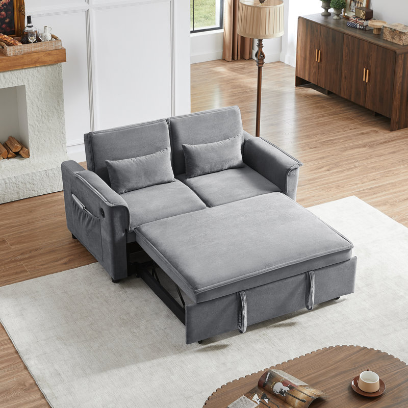 Canapé-lit moderne à 2 places en tissu d'ameublement réglable en velours gris pour petites pièces