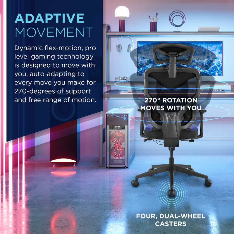 Tempur-Pedic Blaze Auto-Adaptive Ergonomic Gaming Chair with Lumbar Support and 3D Armrest Adjustment, Blue