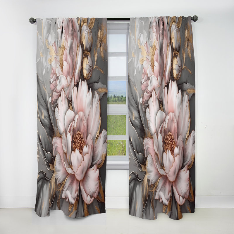 Rideau occultant floral avec pivoines roses et grises élégantes I, L 52 po x L 95 po