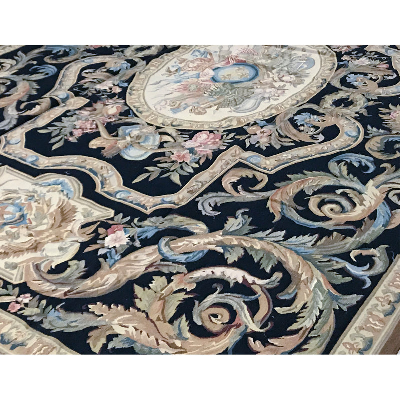 Hand-Knotted High-Quality Black and Beige Area Rug