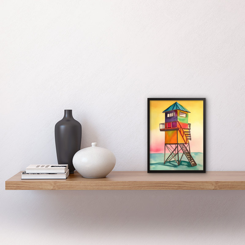 Rainbow Lifeguard Tower Folk Art Watercolour Painting Artwork Framed Wall Art Print 9X7 Inch