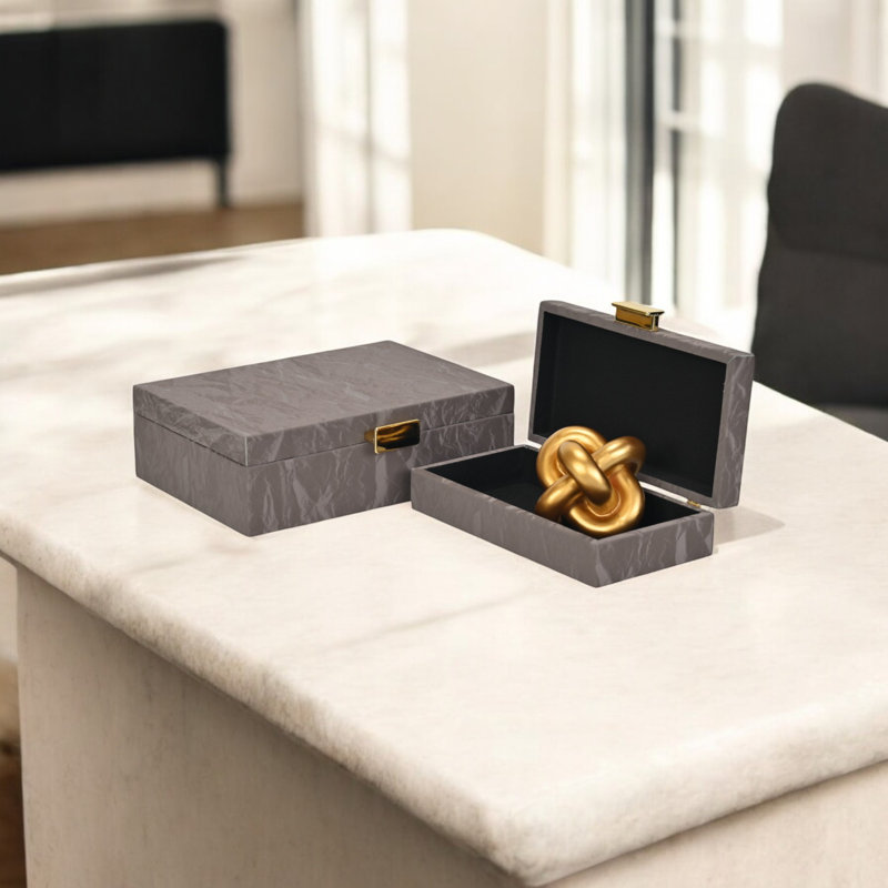 Ausel Crinkled Gloss Pattern Set of 2 Boxes with Gold Handles, Grey