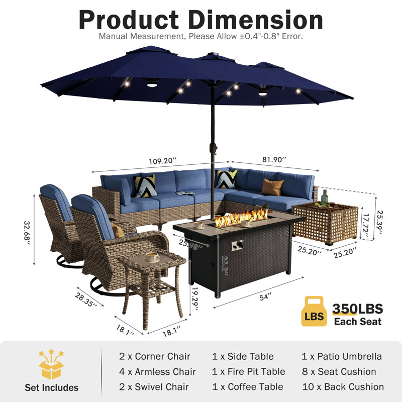 Ensemble de 12 meubles de patio extérieur avec table de foyer 54 po, table basse à lumière solaire et parasol double face 14,5 pi avec base, siège en osier PE pour 8