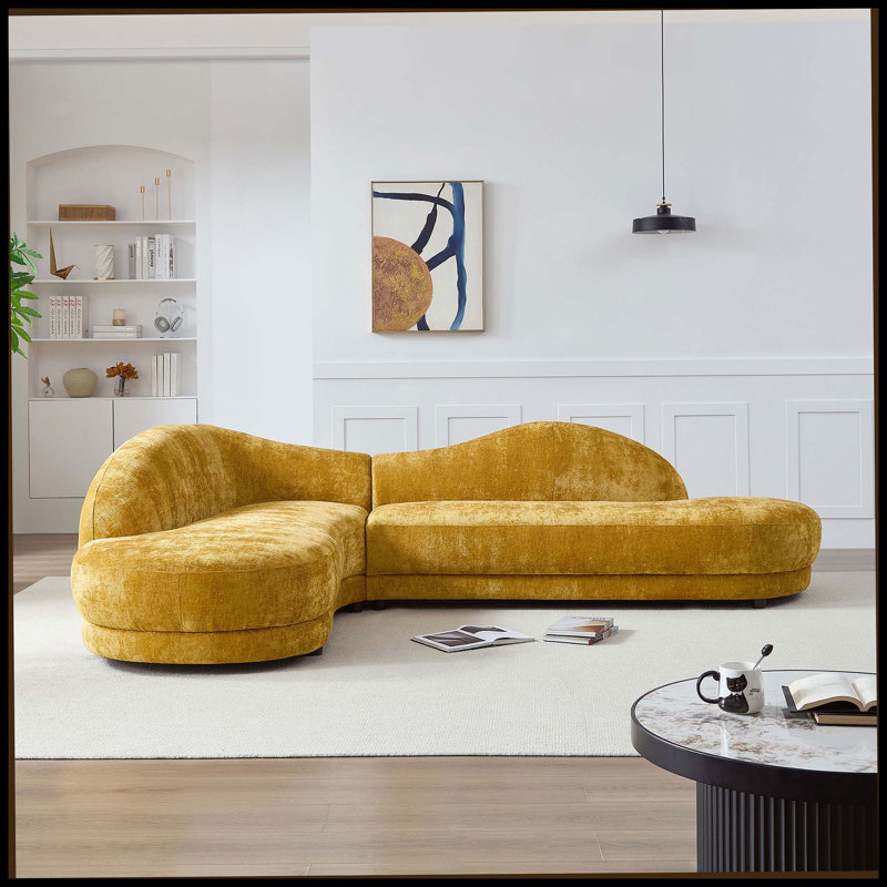 Canapé de style Mid-Century rembourré de 113,78 pouces avec méridienne orientée à gauche pour le salon, la chambre à coucher, un appartement, un bureau à domicile JAUNE