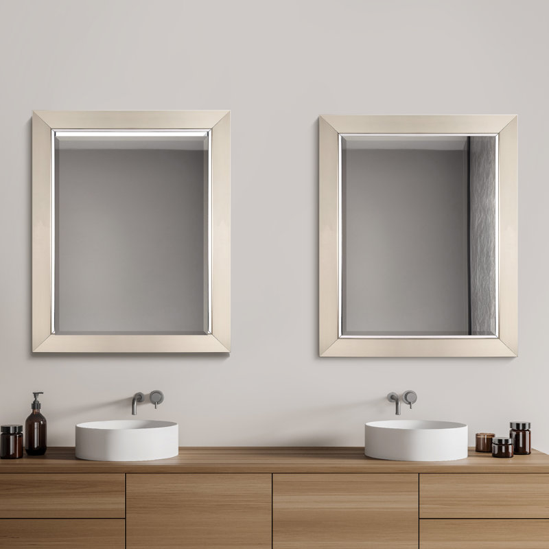 27.5"x33.5" Brushed Nickel Wall Mirror with Chrome Liner – Beveled Rectangular Bathroom Vanity Mirror, 33.5" H x 27.5" W