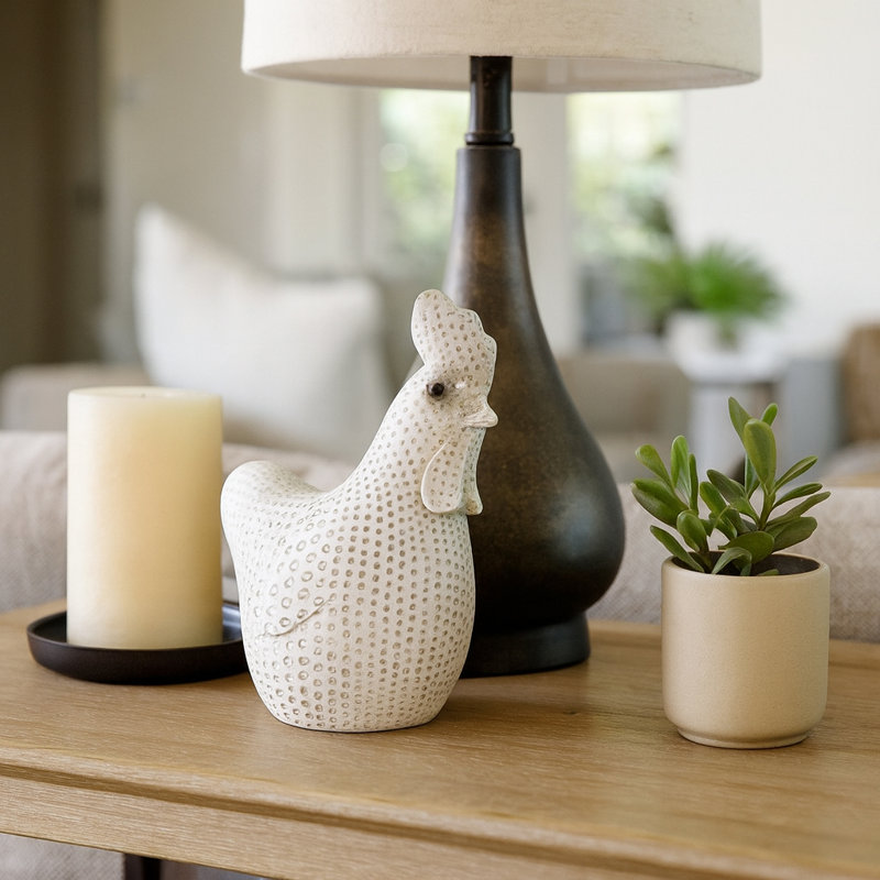 Decorative Chicken Figurine Statue for Home Decor Accent - Traditional Spotted Decorative Object for Tabletop or Living Room Decoration - 5", White