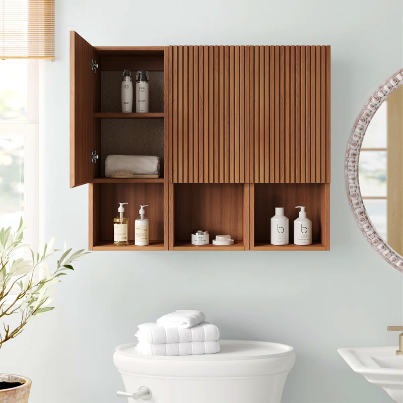 Meuble-lavabo mural moderne en noyer massif de 41,5 po avec tablette à lattes en bois massif avec tablette