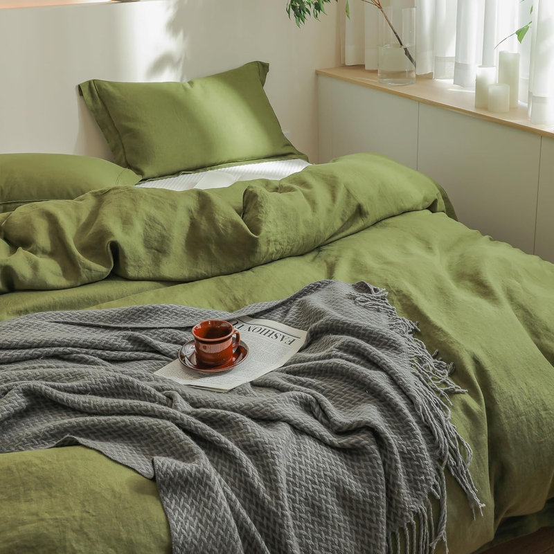 Ensemble de housse de couette 100% lin, Housse de couette très grand et 2 taies, Olive