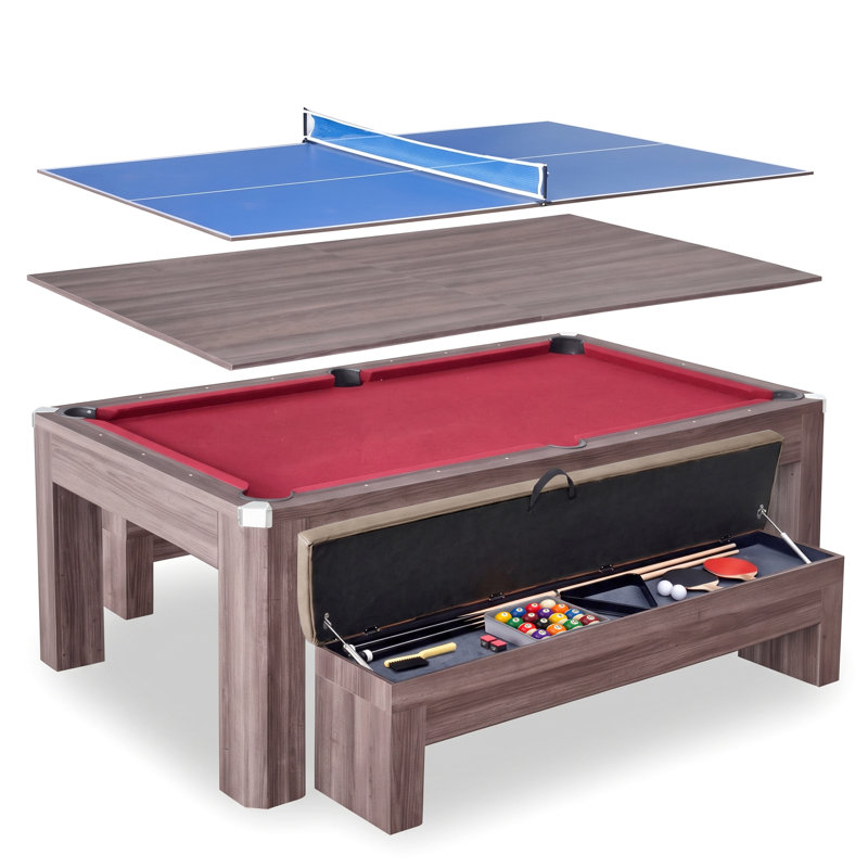 Ensemble de table de billard 7 pieds avec accessoires de jeu et 2 bancs Hathaway Newport, Havane clair, Rouge